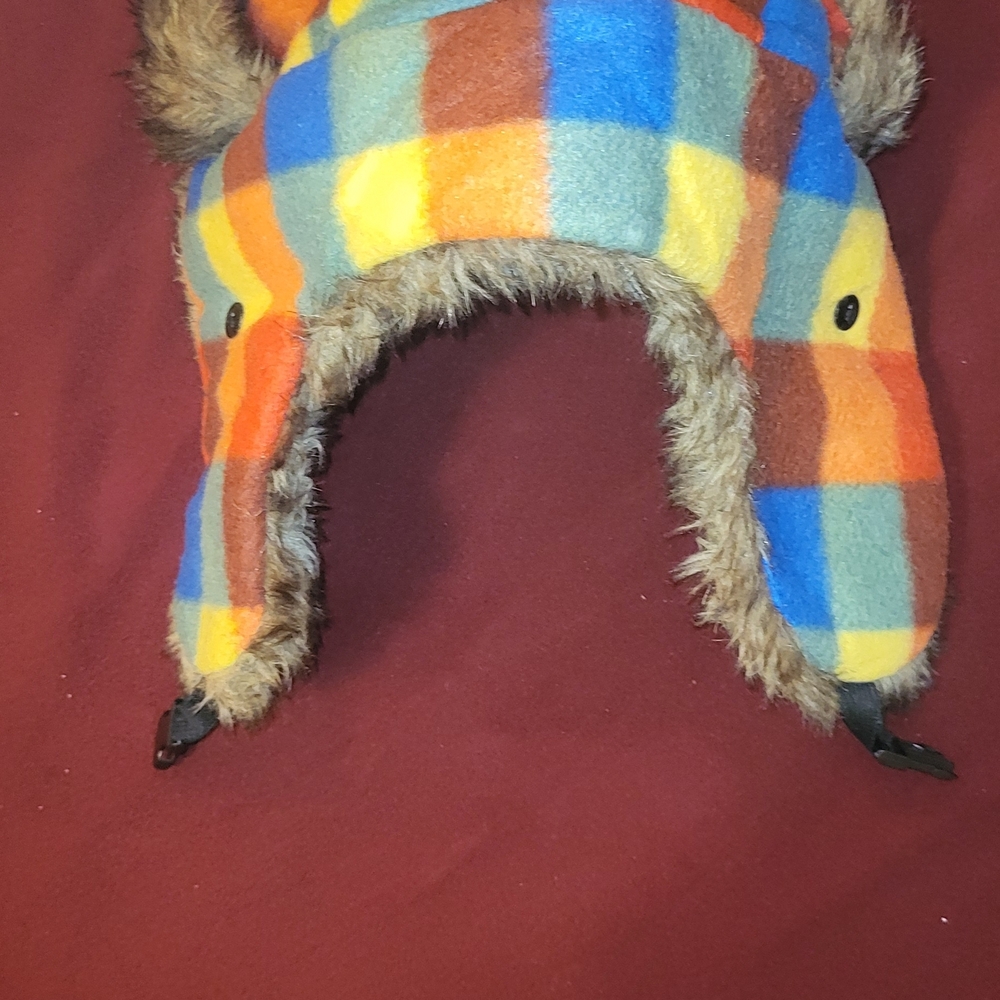 Colorful Plaid Trapper Hat with Faux Fur
